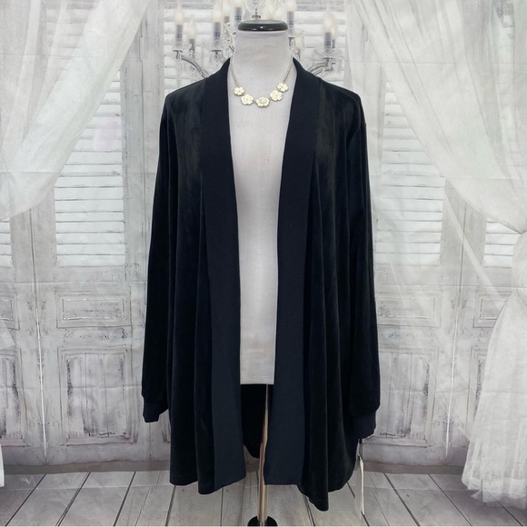 NEW Calvin Klein Size 2X Black Open Front Cardigan Sweater Jacket Velvet Pockets - Picture 1 of 10
